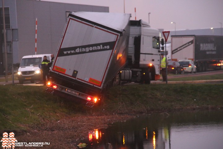 Tjechische chauffeur met vrachtwagen bijna in de sloot
